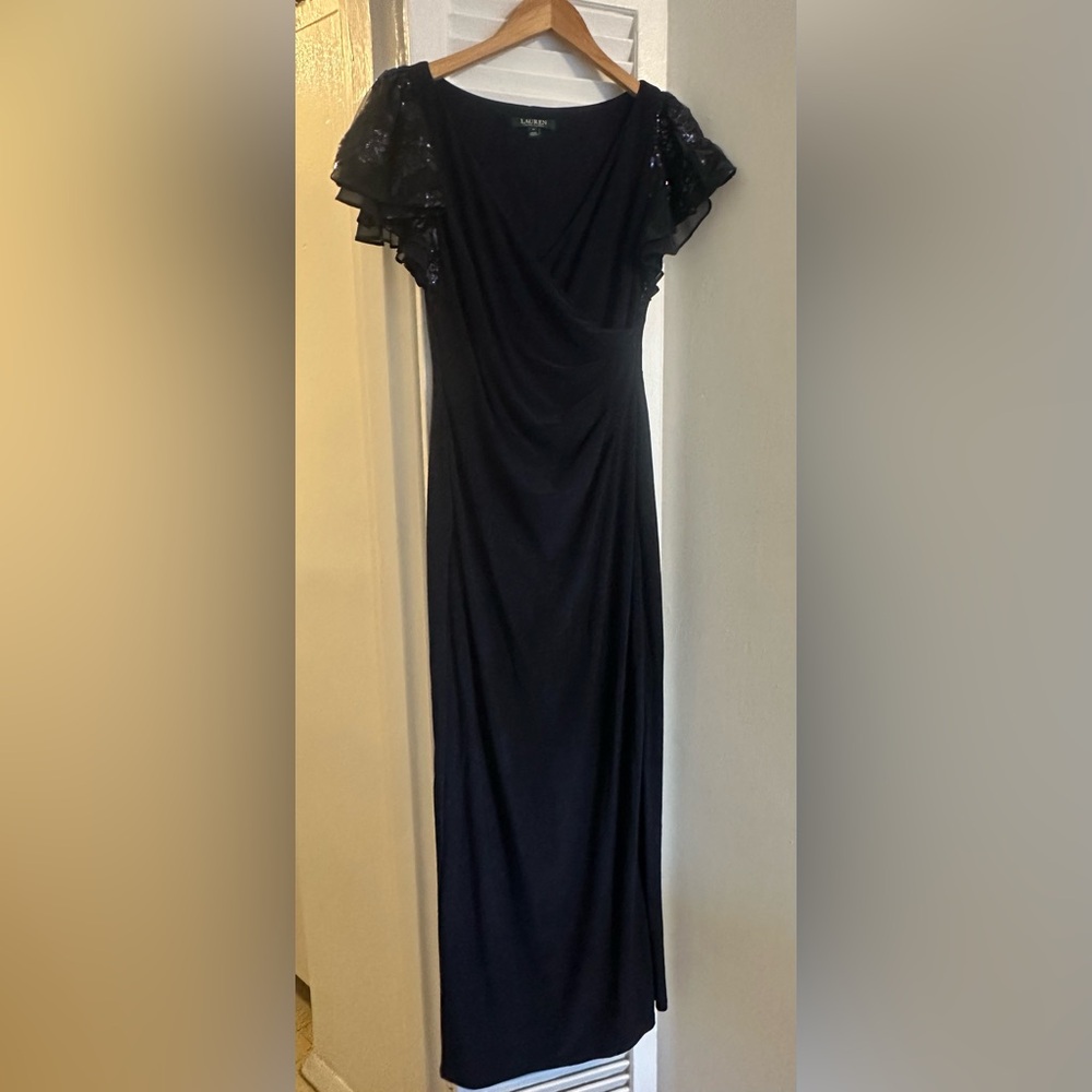 Lauren Ralph Lauren Navy Blue  Maxi Dress with Sequin Sleeves